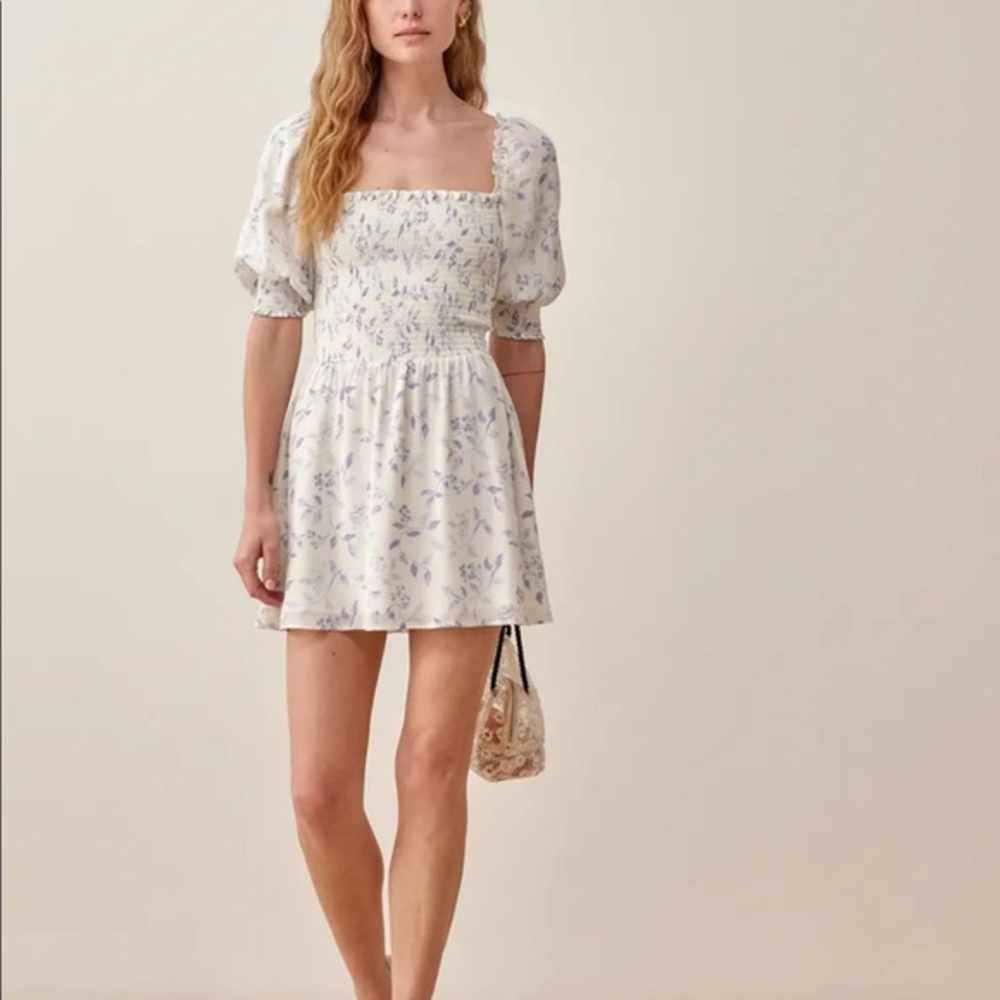 Reformation Elle White Floral Mini Dress with Periwinkle Blue Print